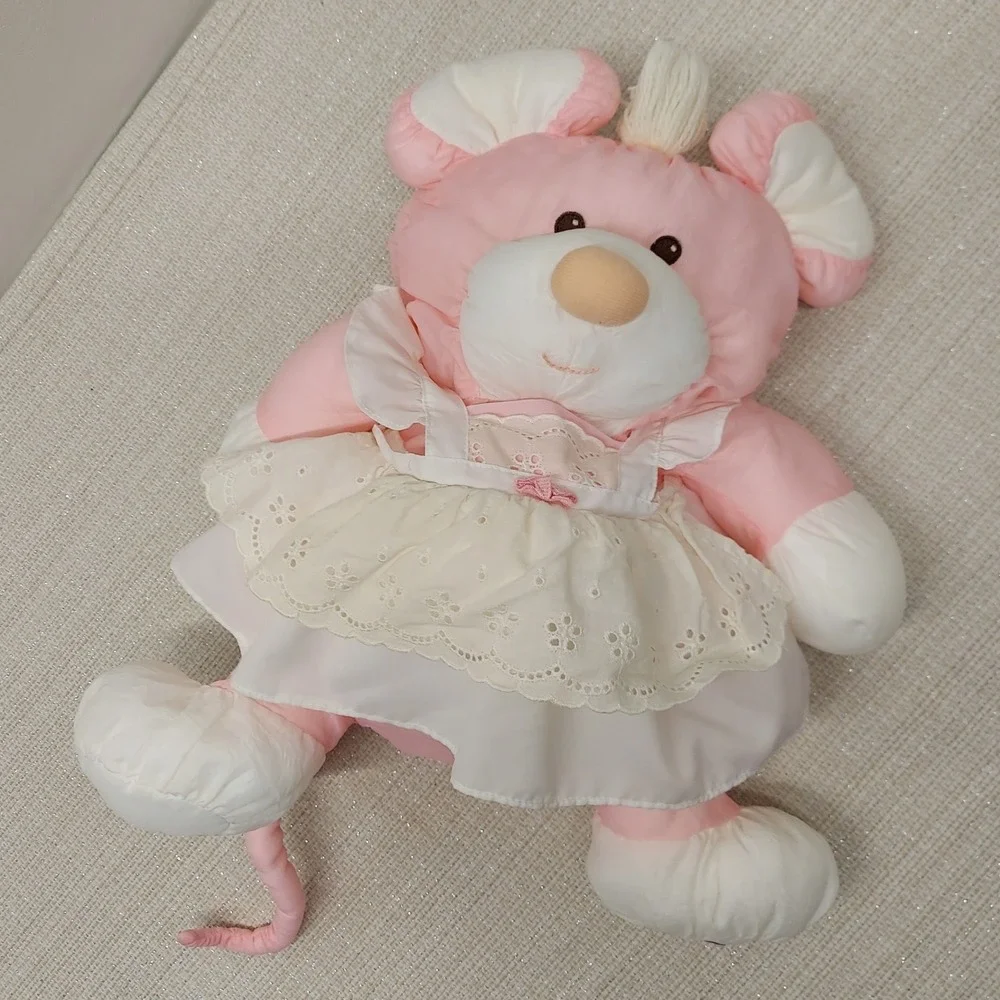 Vintage Fisher Price Puffalump Mouse Pink Nylon Plush Dress Eyelet Lace 1986